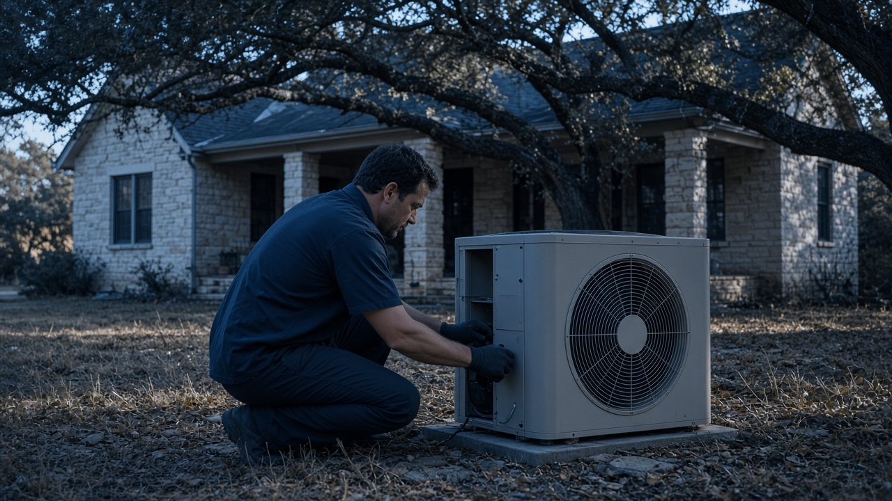Technician checking an outdoor condenser beside a Hill Country house